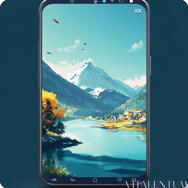 Beautiful Nature Landscape Displayed on Phone AI Image