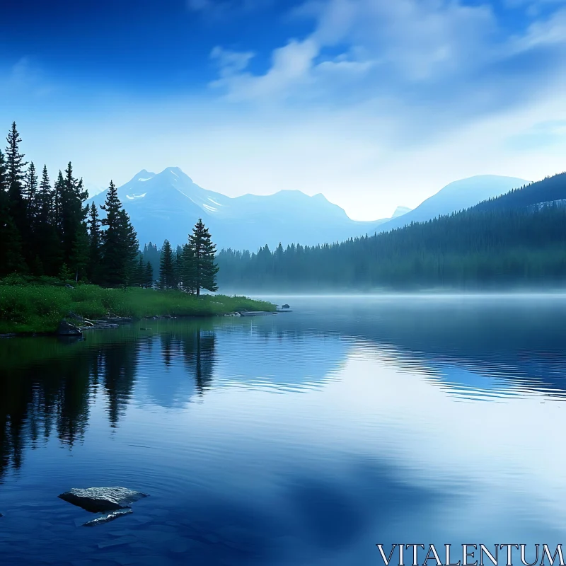 Serene Lake with Mountain Vista and Evergreen Forests AI Image