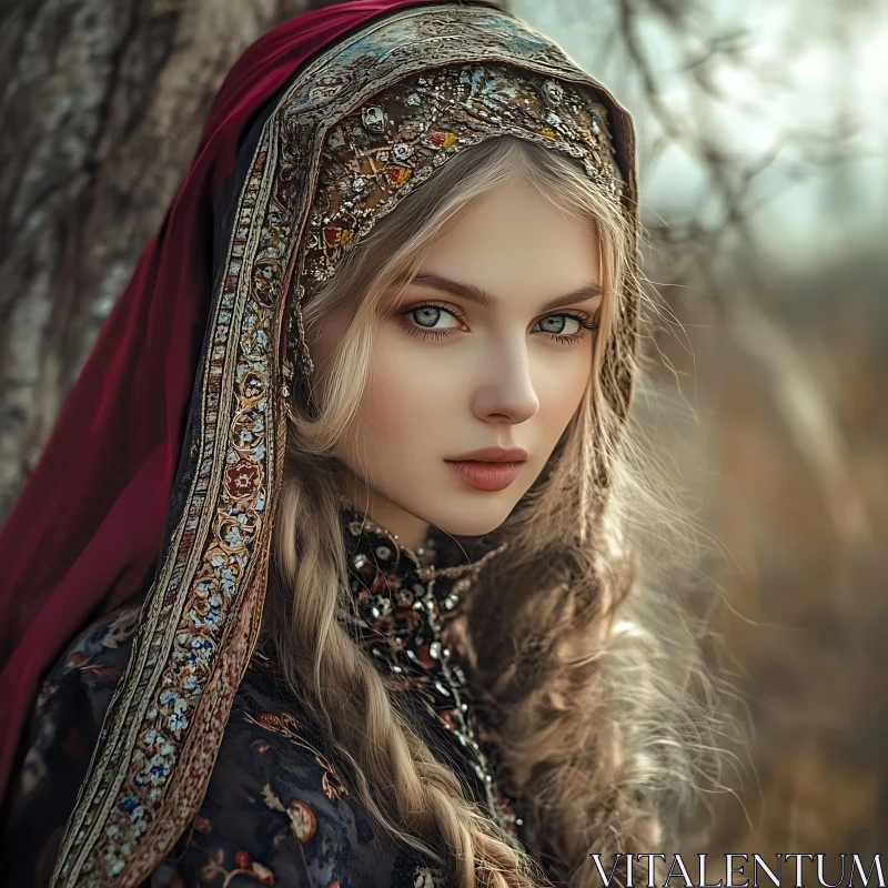 Timeless Beauty: A Woman in Cultural Headdress AI Image