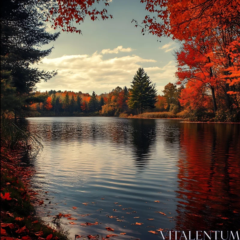 Autumn Lake with Red and Orange Leaves AI Image