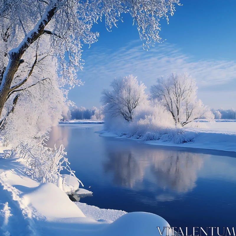 Peaceful Snowy River Scene AI Image