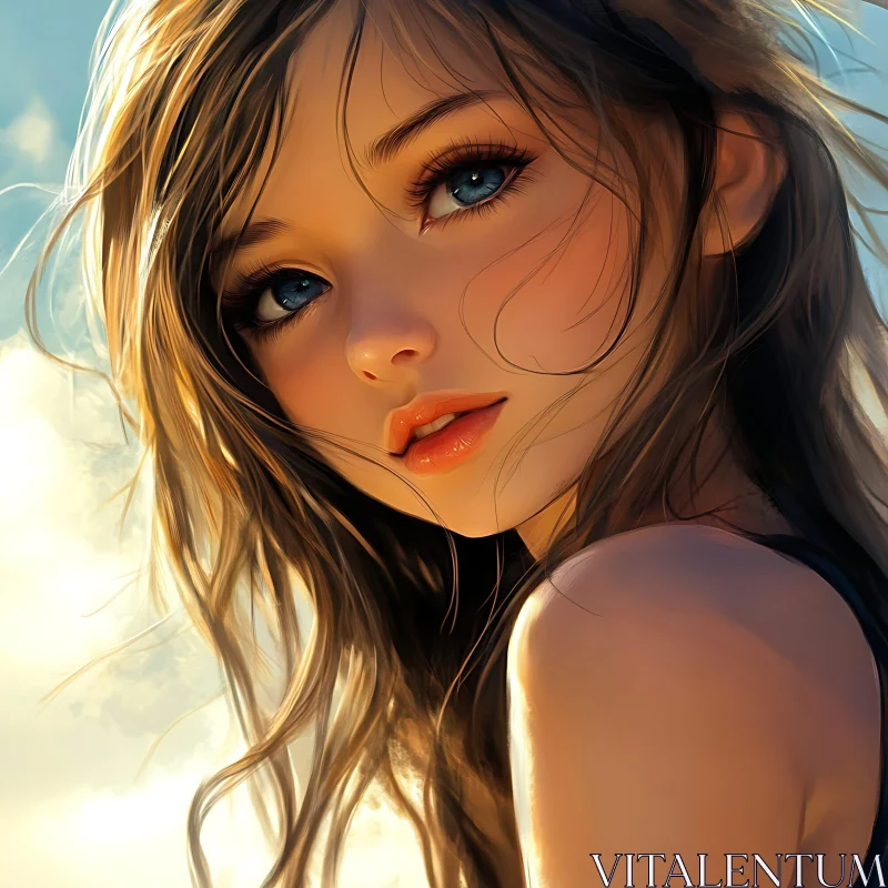 AI ART Beautiful Anime Girl with Blue Eyes and Flowing Hair