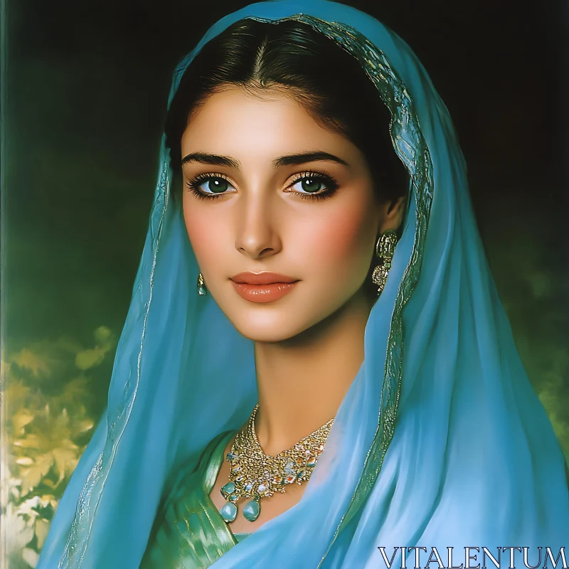 Traditional Woman Portrait in Blue Veil and Jewelry AI Image