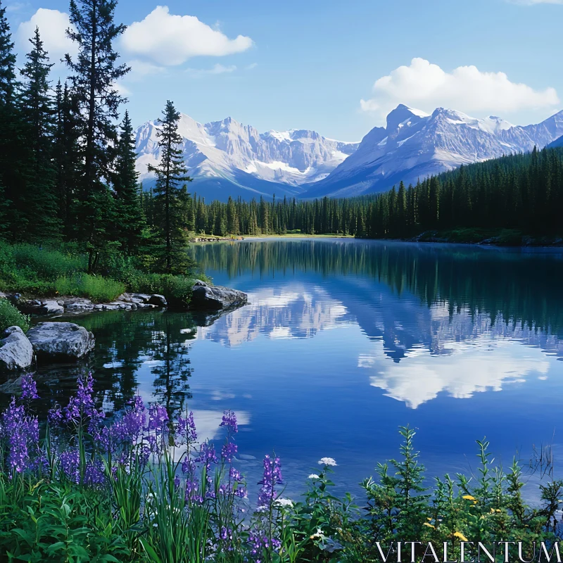 Tranquil Lake Surrounded by Forest and Mountains AI Image