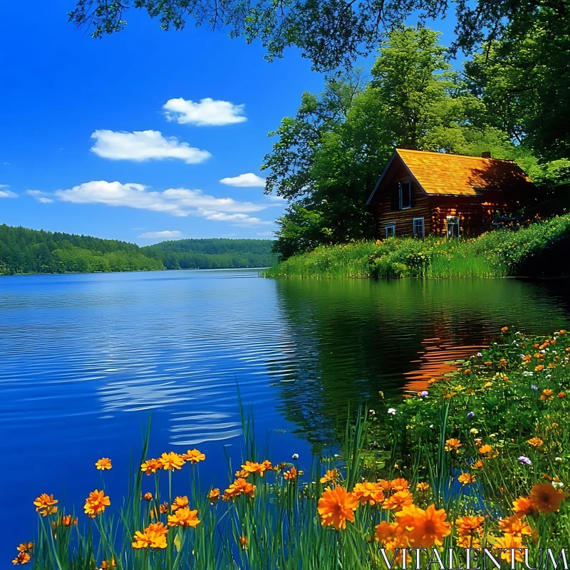 Peaceful Lakeside Cabin with Blooming Flowers AI Image