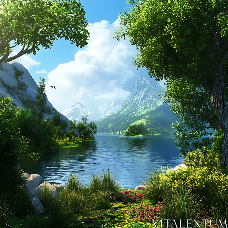 AI ART Tranquil Mountain Lake with Lush Surroundings