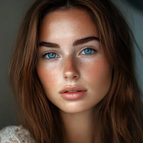 Natural Beauty Portrait with Blue Eyes and Freckles