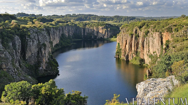 Tranquil Lake Surrounded by Majestic Cliffs AI Image