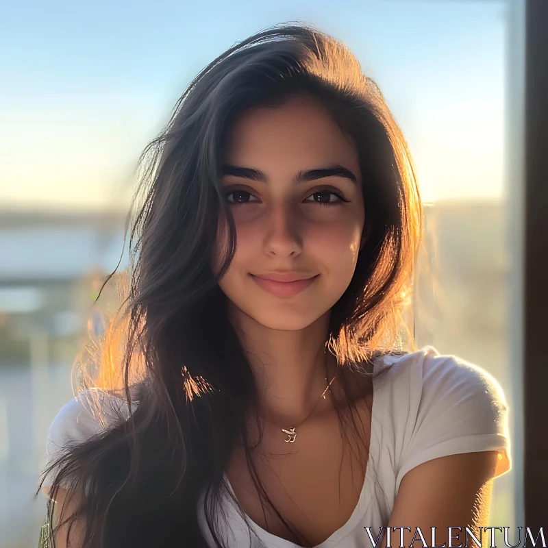 Young Woman Smiling in Natural Light AI Image