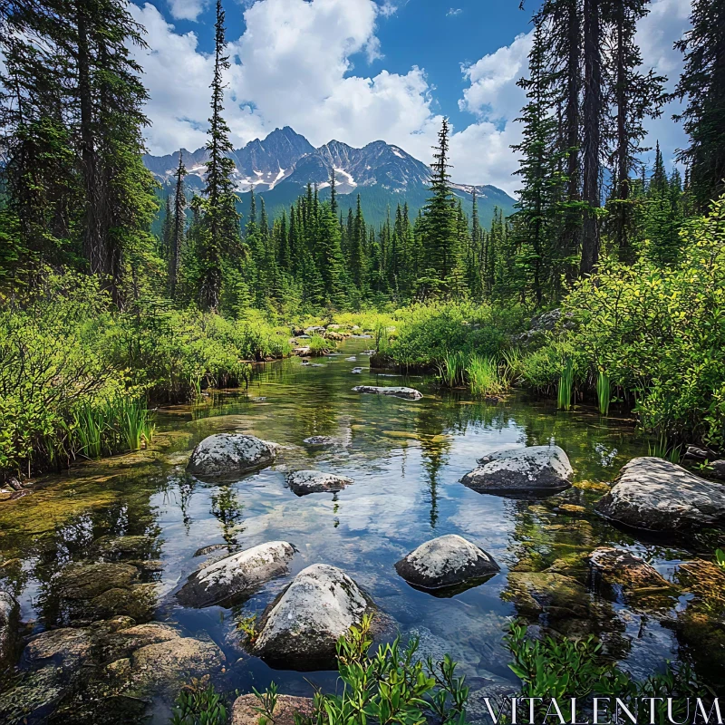 Tranquil Wilderness Scene of Pine Trees and Rocky River AI Image