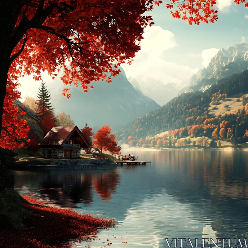 Serene Lakeside Cabin in Autumn AI Image