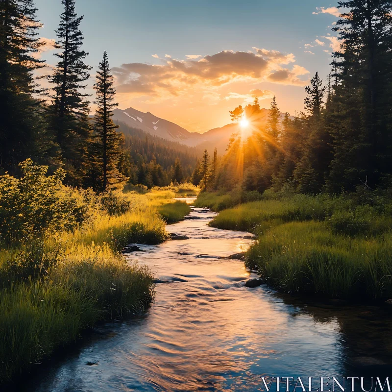 Peaceful River Flowing Through Forest at Dusk AI Image