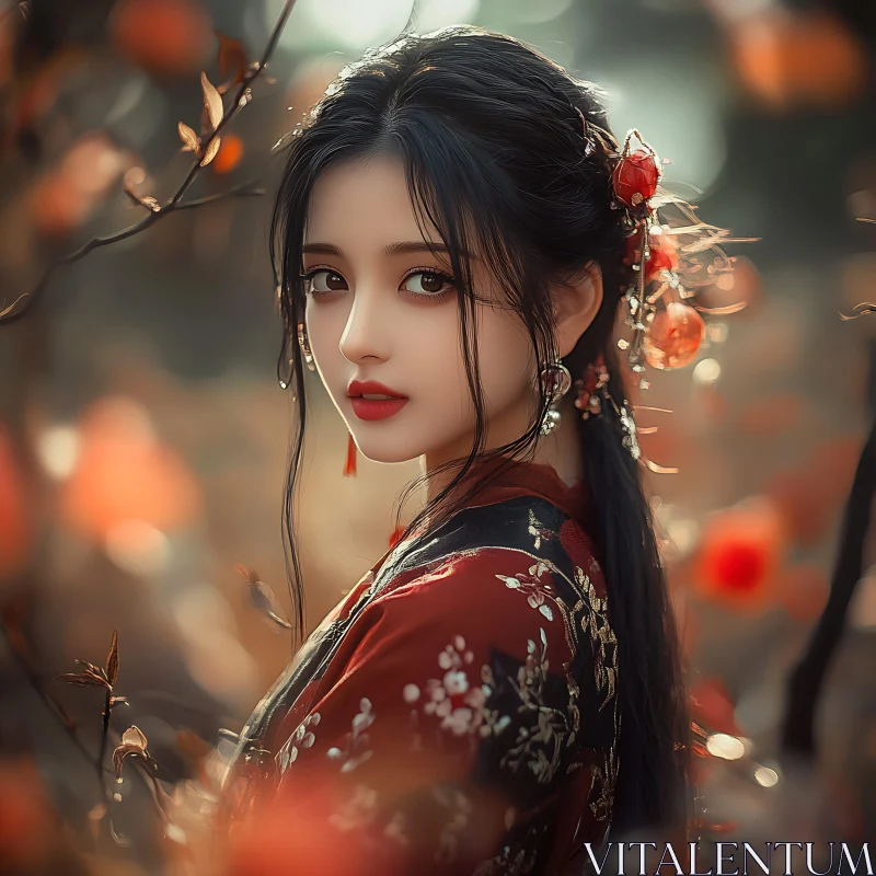 Serene Portrait of a Woman in Floral Traditional Dress AI Image