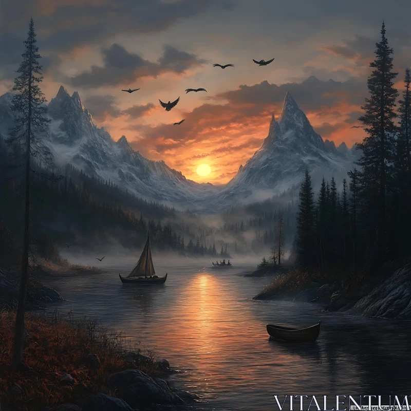 Tranquil Sunset Lake with Mountains and Boat AI Image