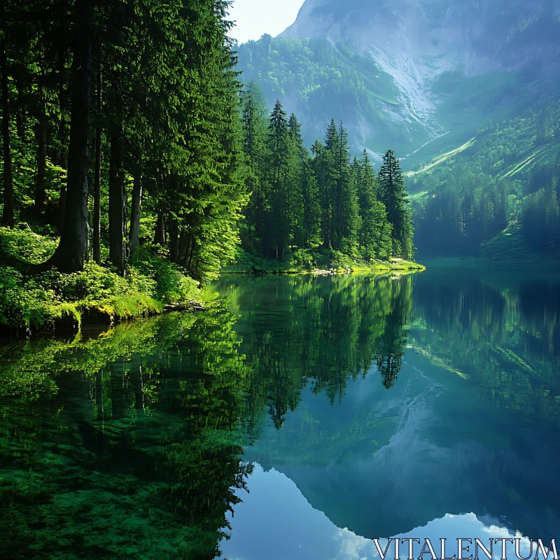 Serene Lake Among Verdant Forest AI Image