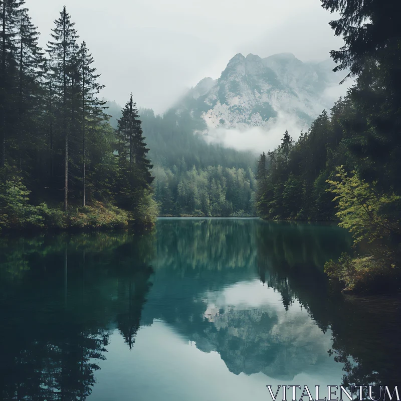 Tranquil Lake and Evergreen Forest with Misty Mountains AI Image