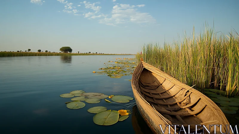 AI ART Tranquil Lake View with an Old Boat and Floating Lilies