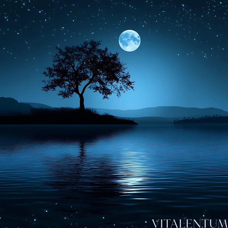 Moonlit Lake with Tree Silhouette and Starry Sky AI Image