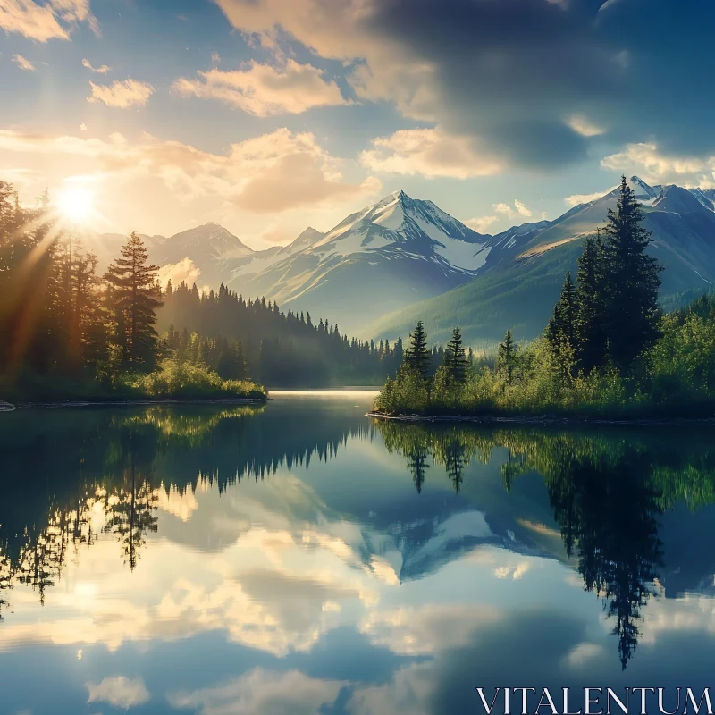 Tranquil Lake Under Golden Sunset with Mountain Reflections AI Image