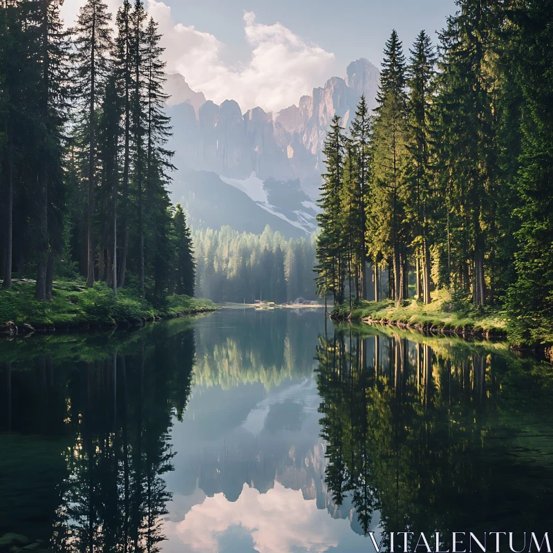 Idyllic Forest Lake with Mountain Reflection AI Image