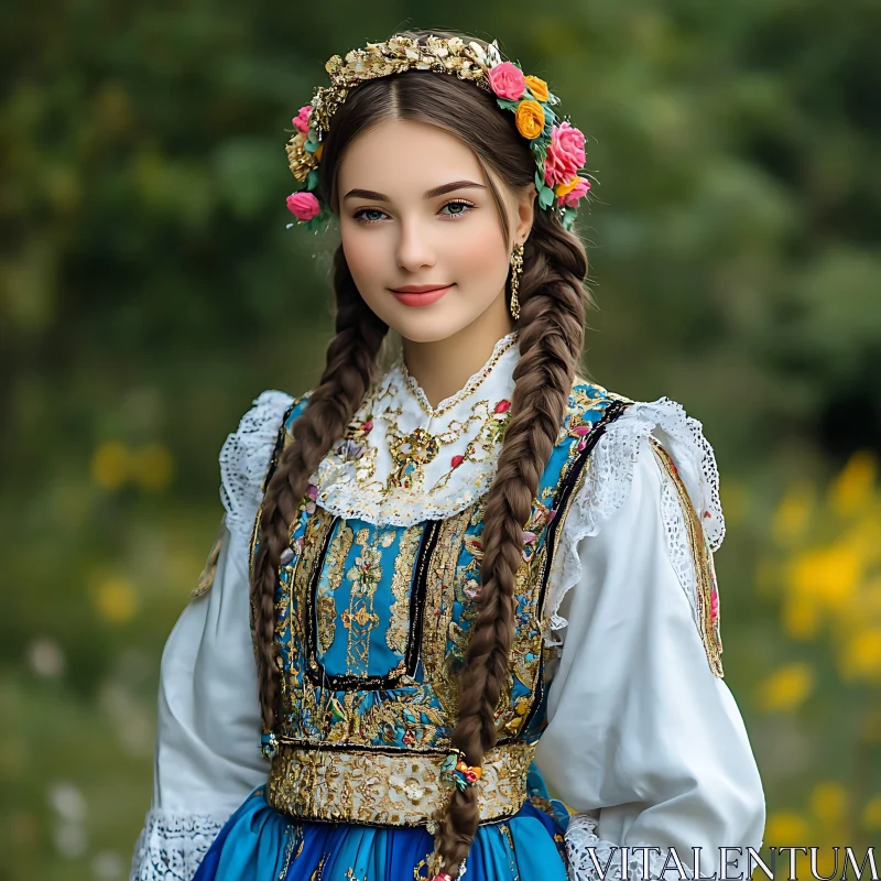 Young Woman in Traditional Attire with Floral Accents AI Image