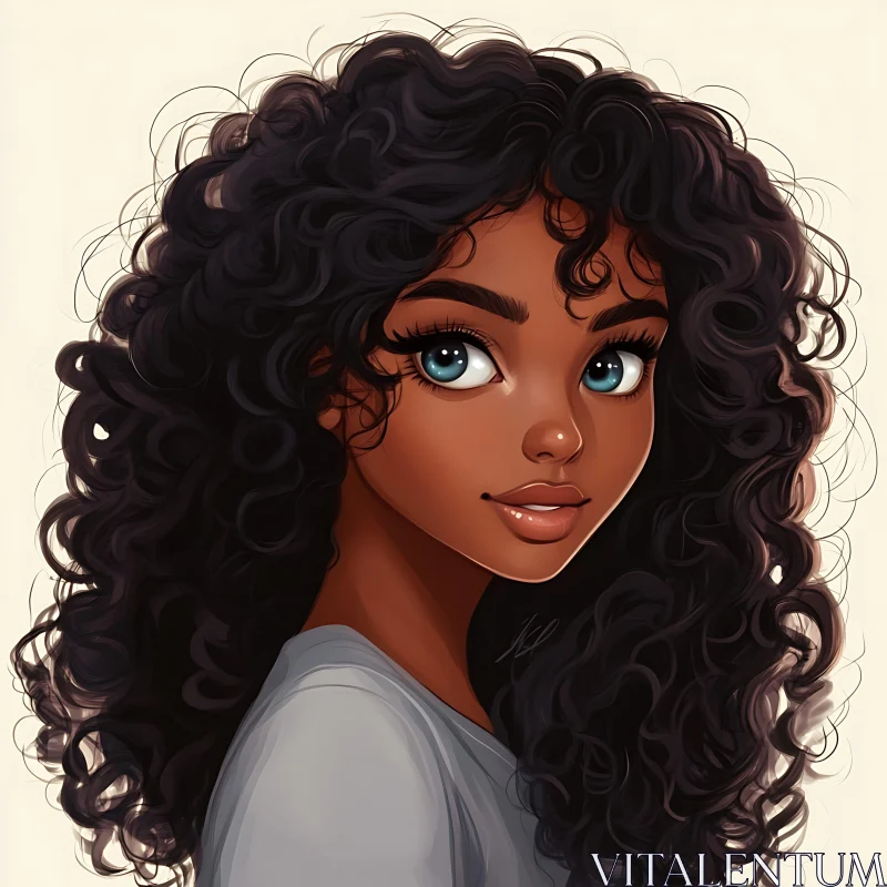 AI ART Charming Woman with Curly Hair and Blue Eyes in Digital Art