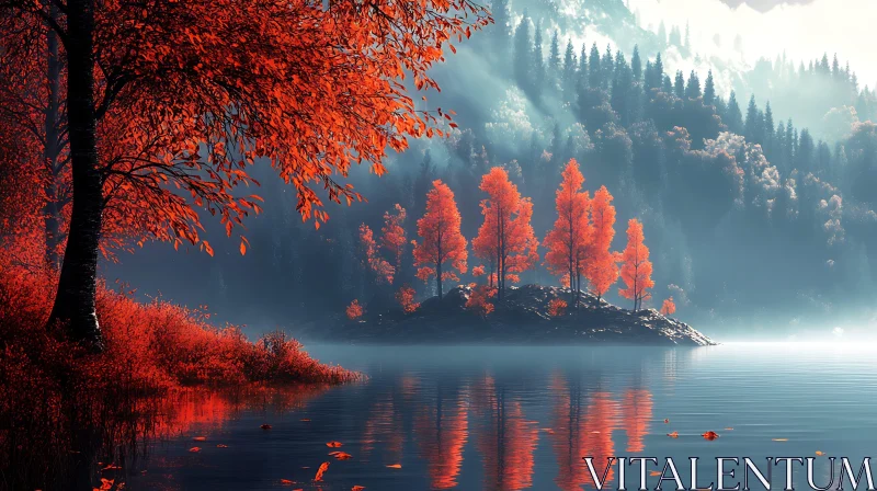 Misty Autumn Lake with Red Trees AI Image