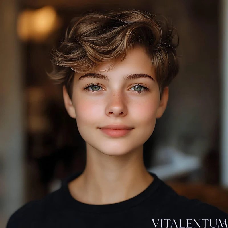 Young Woman with Short Brown Hair Smiling AI Image