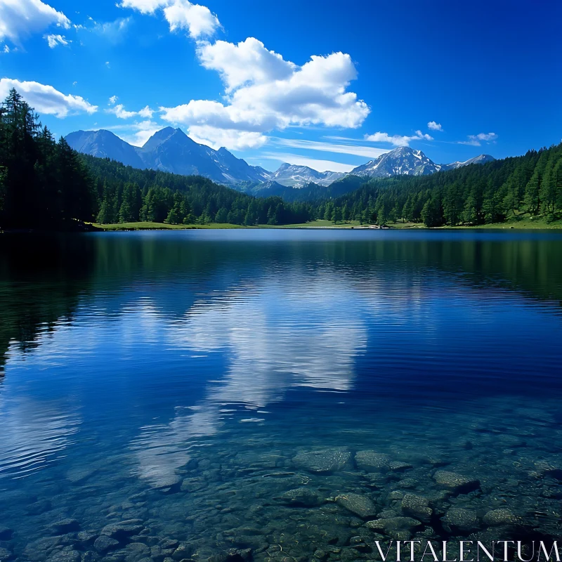 Tranquil Lake Scene with Forested Mountains AI Image