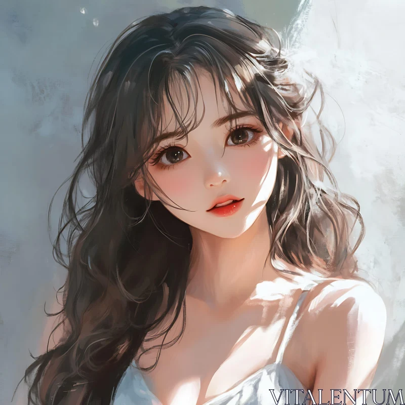 Dreamy Anime Art: Young Woman with Long Dark Hair and White Attire AI Image