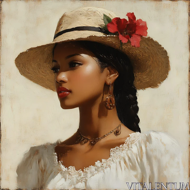 Serene Woman Wearing Straw Hat with Flower AI Image