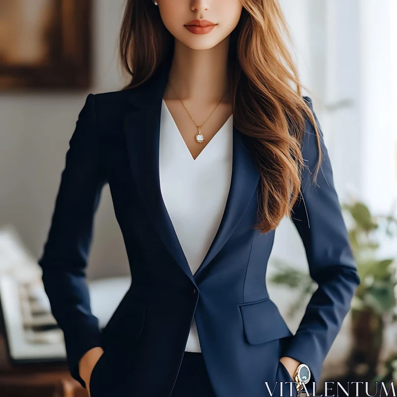 Professional Woman in Tailored Navy-Blue Attire AI Image