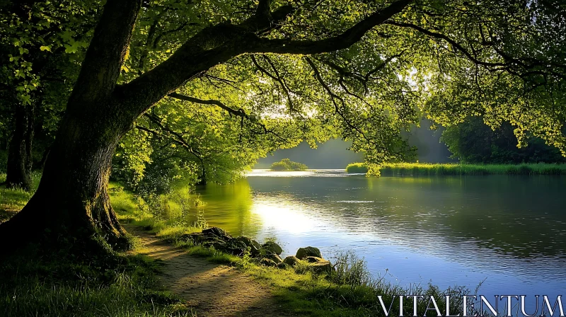 AI ART Peaceful Forest Lake Path in Sunlight