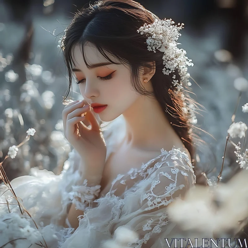 Gentle Woman in Lace Dress Surrounded by White Flowers AI Image