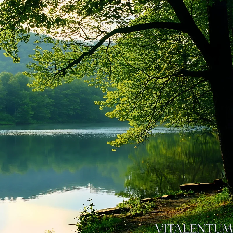 Tranquil Lakeside View with Reflective Waters and Lush Greenery AI Image