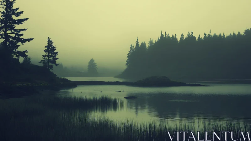 Serene Misty Lake with Dense Pine Forest AI Image