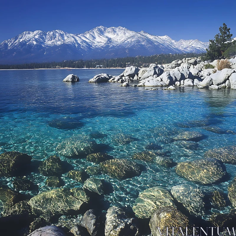 Serene Mountain Lake with Crystal Clear Waters AI Image