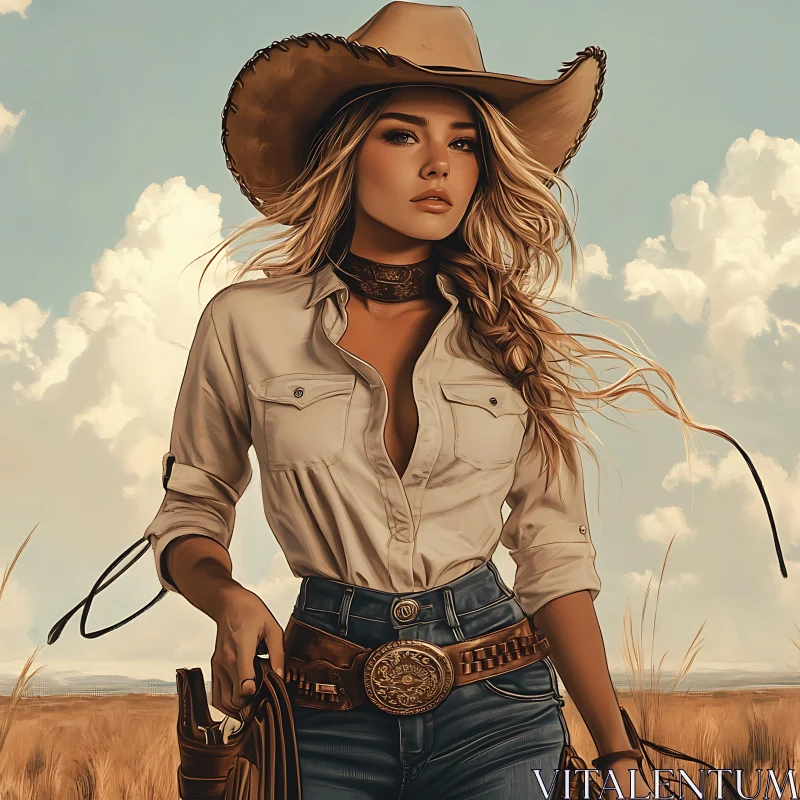 Cowgirl Standing Tall in Countryside AI Image