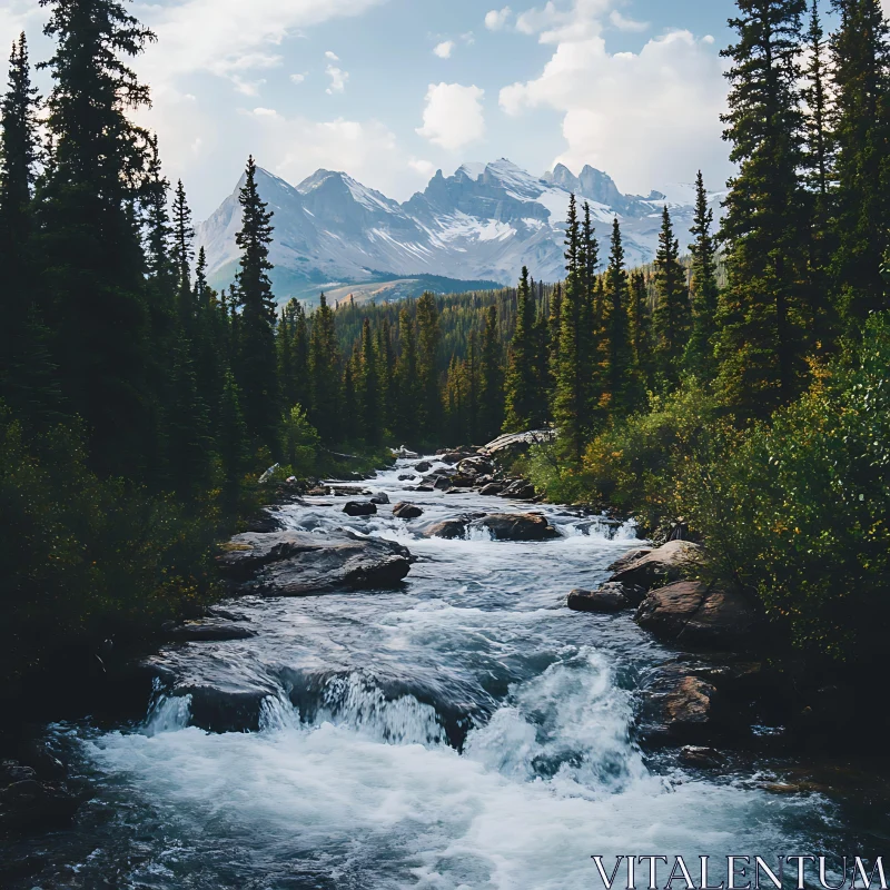 AI ART Tranquil River in a Dense Forest with Majestic Mountains