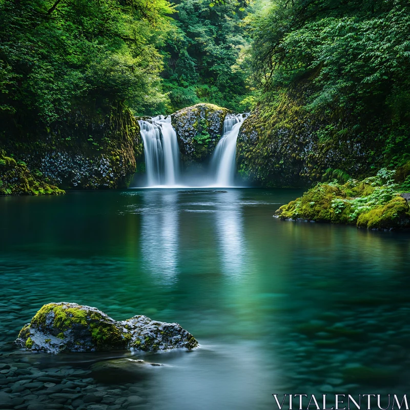 Tranquil Waterfall and Emerald Pool in Forest AI Image