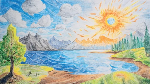 Radiant Sun Over Lake and Mountains Scenic Drawing