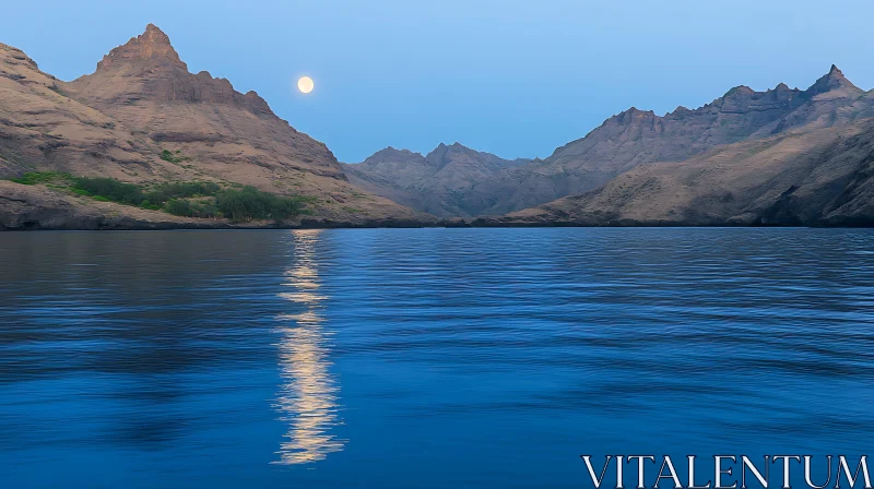 Full Moon Reflected on Calm Lake at Twilight with Mountains AI Image