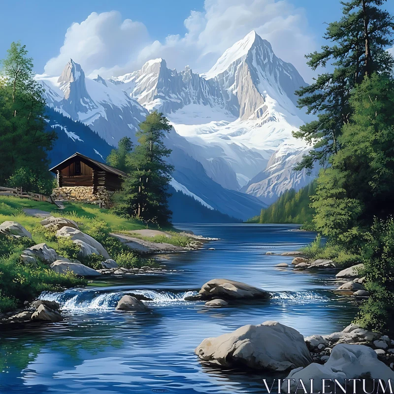 Serene Mountain Retreat with River AI Image