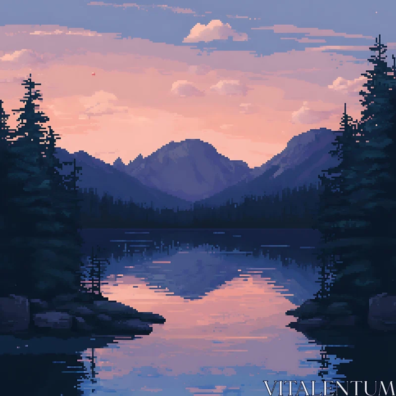 Pixel Art Sunset Landscape with Lake and Mountains AI Image