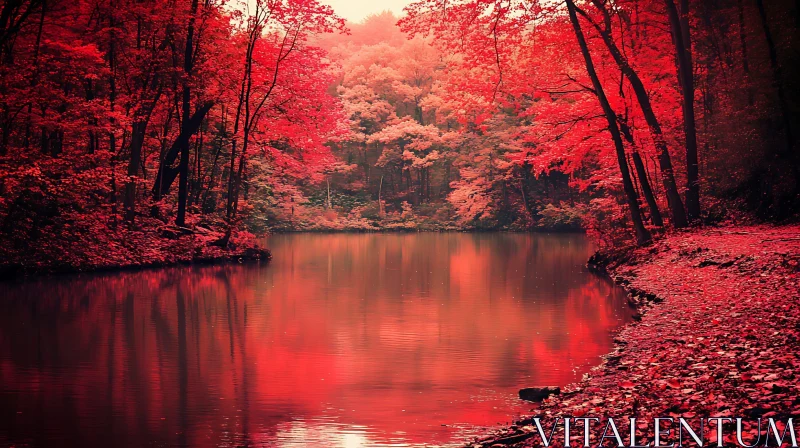 AI ART Peaceful Red Reflection Lake in Autumn