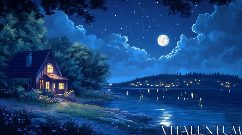 AI ART Peaceful Night by the Lake with Cabin