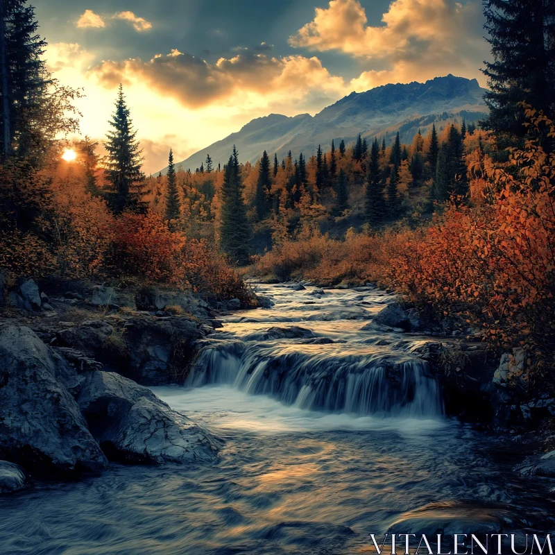 Autumn River and Mountain Landscape at Dusk AI Image