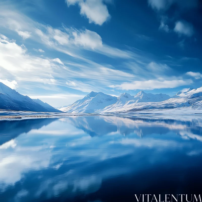 Calm Lake with Reflective Snowy Mountains AI Image