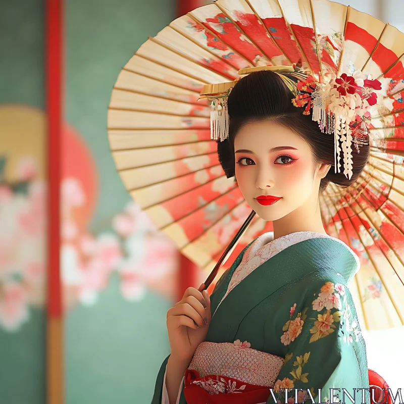 Geisha in Traditional Kimono Holding a Parasol AI Image