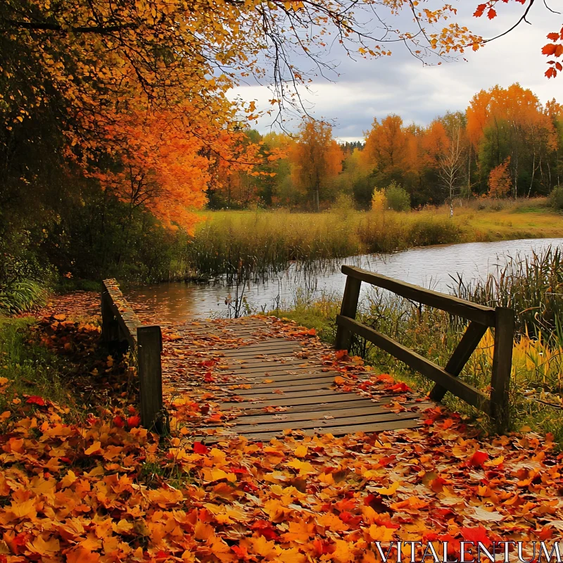 Peaceful Autumn Lake Bridge AI Image